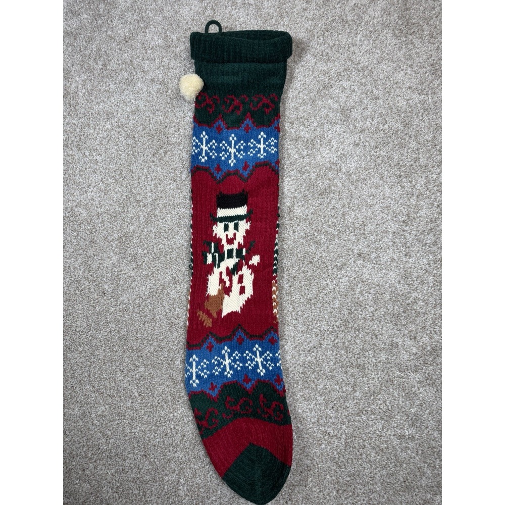 Chenille‎ Knit Christmas Holiday Stocking Snowman Snowflake Pom Pom 24"